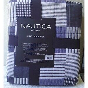 Nautica King Quilt and Sham Set 3 Piece Set Navy Blue Plaid New
